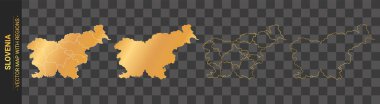 Slovenya 'nın şeffaf arkaplanda izole edilmiş bölgeleri ile ilgili 4 adet altın siyasi harita seti
