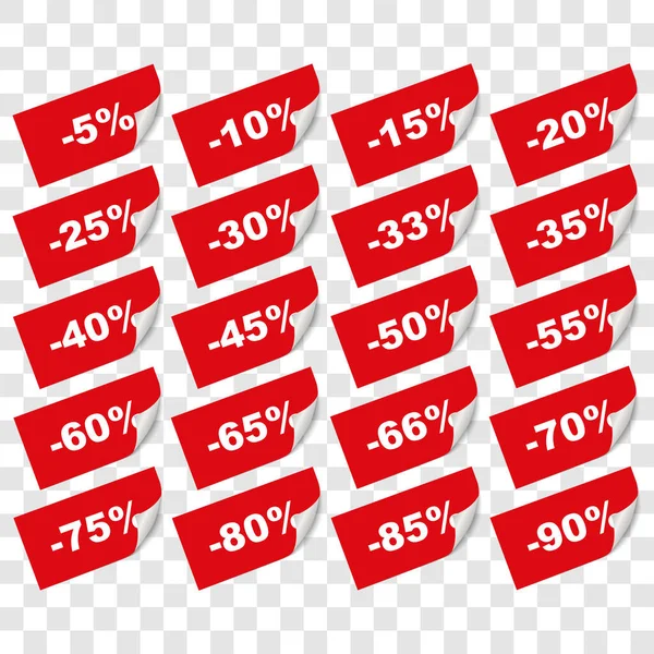 Satz Von Verschiedenen Prozent Verkauf Rote Banner Aufkleber Und Etiketten — Stockvektor