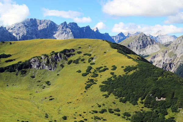 Kijk op het gezicht van een groene berg in de karwendel bergen in de Alpen — Stockfoto