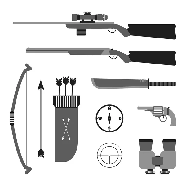 Juego de vectores de caza. Equipamiento de estilo plano. Armas y herramientas aisladas . — Archivo Imágenes Vectoriales