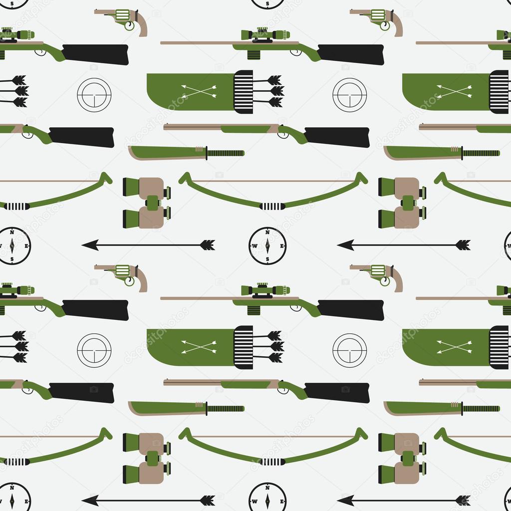 Hunting vector pattern. Flat style equipment. Isolated weapons and tools.