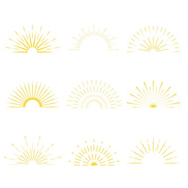 Retro Sun patlama şekiller. Vintage starburst logosu, etiketler, rozetler. Sunburst minimal logo çerçeveleri. Vektör fişek tasarım elemanları izole. Güneş patlaması ışık logosu. Minimal vintage altın fişek patlaması.