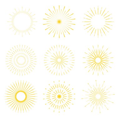 Retro Sun patlama şekiller. Vintage starburst logosu, etiketler, rozetler. Sunburst minimal logo çerçeveleri. Vektör fişek tasarım elemanları izole. Güneş patlaması ışık logosu. Minimal vintage altın fişek patlaması.