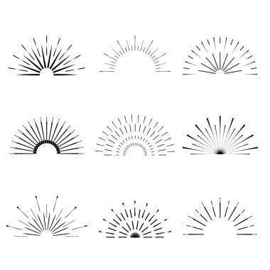 Retro Sun patlama şekiller. Vintage starburst logosu, etiketler, rozetler. Sunburst minimal logo çerçeveleri. Vektör fişek tasarım elemanları izole. Güneş patlaması ışık logosu. Minimal vintage altın fişek patlaması.