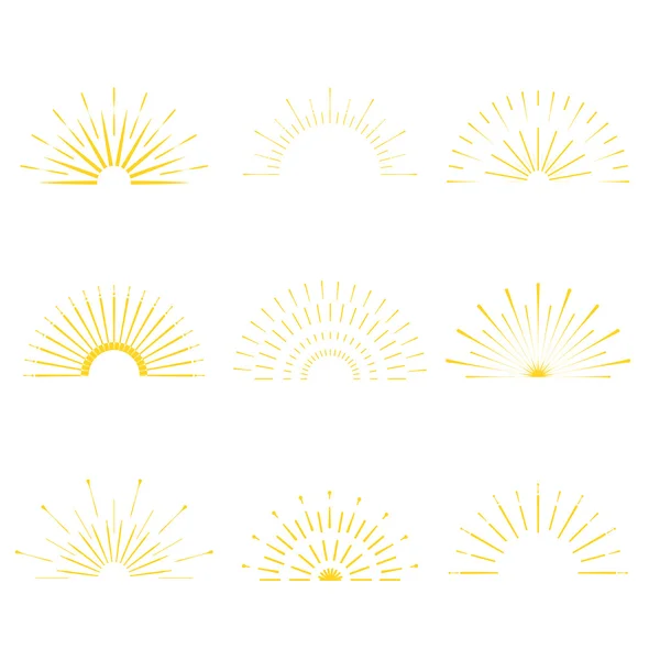 Retro Sun patlama şekiller. Vintage starburst logosu, etiketler, rozetler. Sunburst minimal logo çerçeveleri. Vektör fişek tasarım elemanları izole. Güneş patlaması ışık logosu. Minimal vintage altın fişek patlaması.