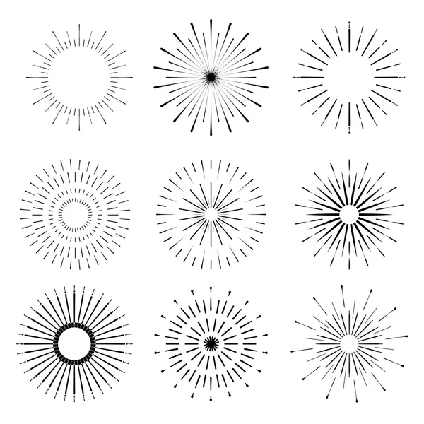 Retro Sun patlama şekiller. Vintage starburst logosu, etiketler, rozetler. Sunburst minimal logo çerçeveleri. Vektör fişek tasarım elemanları izole. Güneş patlaması ışık logosu. Minimal vintage altın fişek patlaması.
