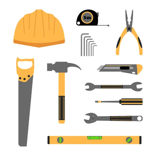 Conjunto de iconos de herramientas de trabajo de construcción: casco, ruleta, martillo, llave inglesa, alicates, medida de nivel, edificio de sierra, medida de ruleta, llave allen. Ilustración vectorial sobre fondo blanco . — Vector de stock