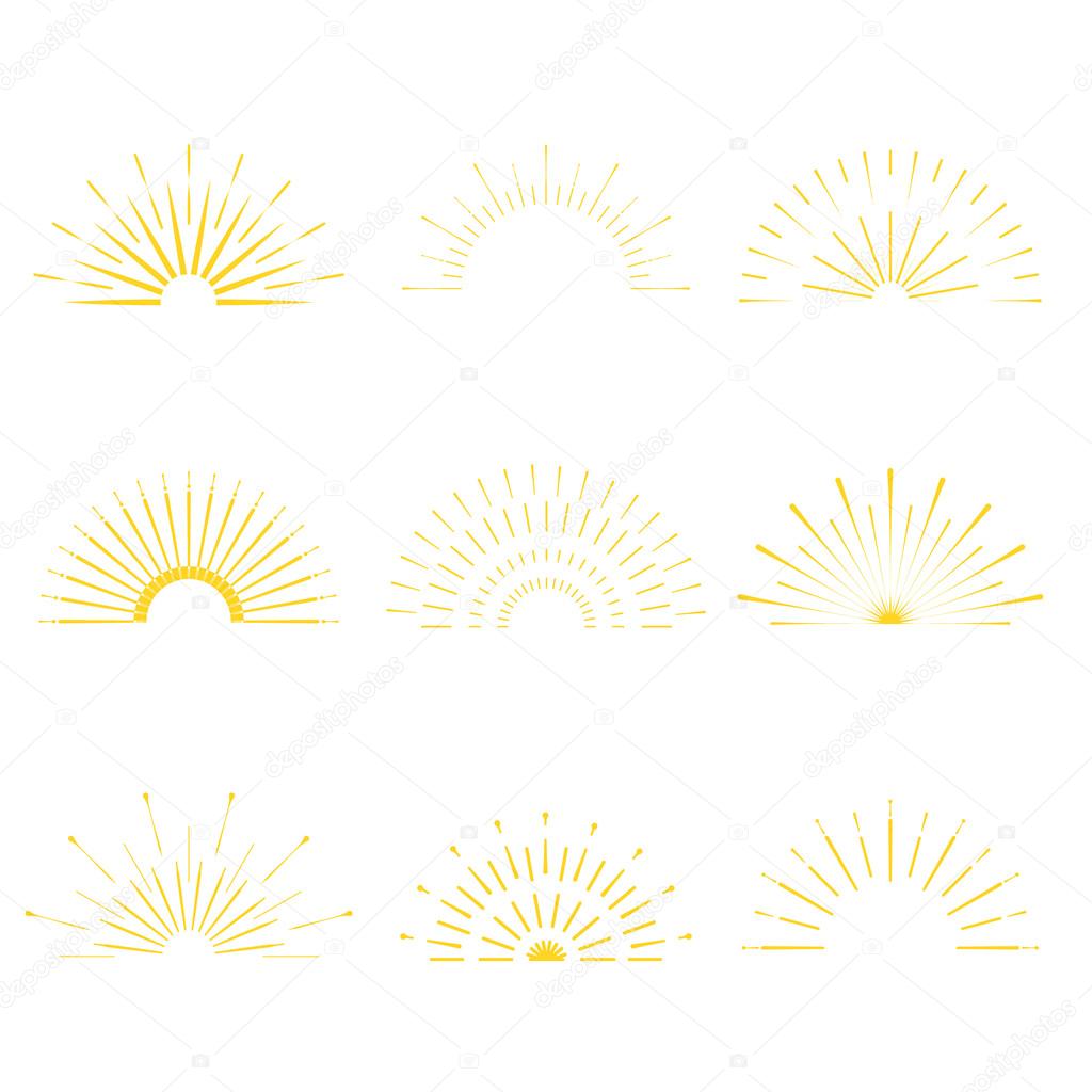 Retro Sun burst shapes. Vintage starburst logo, labels, badges. Sunburst minimal logo frames. Vector firework design elements isolated. Sun burst light logo. Minimal vintage gold firework burst.