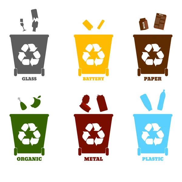 Grandi contenitori colorati per la raccolta differenziata dei rifiuti plastica, vetro, metallo, carta, organico, batteria. Illustrazione vettoriale — Vettoriale Stock