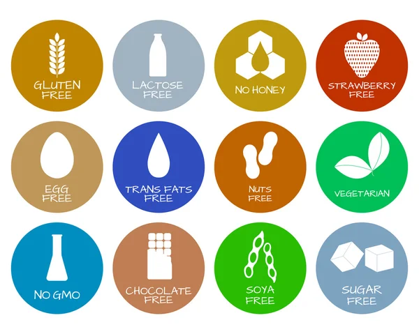 Set di etichette alimentari allergeni, prodotti senza OGM. Collezione di simboli dell'intolleranza alimentare. Illustrazione vettoriale — Vettoriale Stock