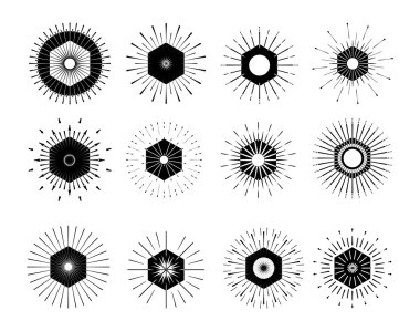 Retro şekiller güneş patlaması. Vintage logo, etiketleri, rozetleri. Vektör tasarım elemanları izole. En az siyah havai fişek patlama