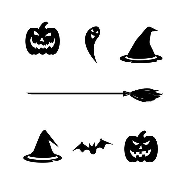 Halloween ingesteld op witte achtergrond. Pompoen, ghorst, hoed, vleermuis, bezem. Vectorillustratie — Stockvector