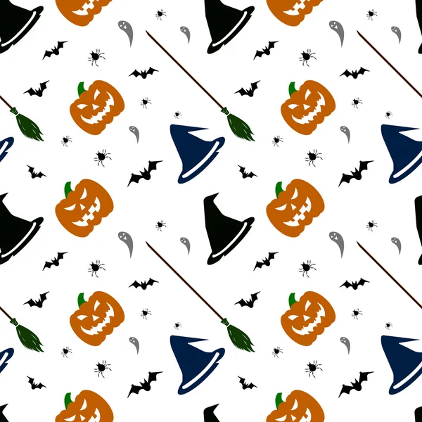 Halloween minta fehér háttér. Tök, ghorst, kalap, denevér, seprű. Vektoros illusztráció — Stock Vector