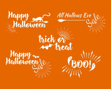 Cadılar Bayramı tebrik kartı hat yapraklara ile dizi. Sunburst Cadılar Bayramın kutlu olsun başlık sayfası veya poster. Vektör çizim