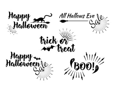 Cadılar Bayramı tebrik kartı hat yapraklara ile dizi. Sunburst Cadılar Bayramın kutlu olsun başlık sayfası veya poster. Vektör çizim