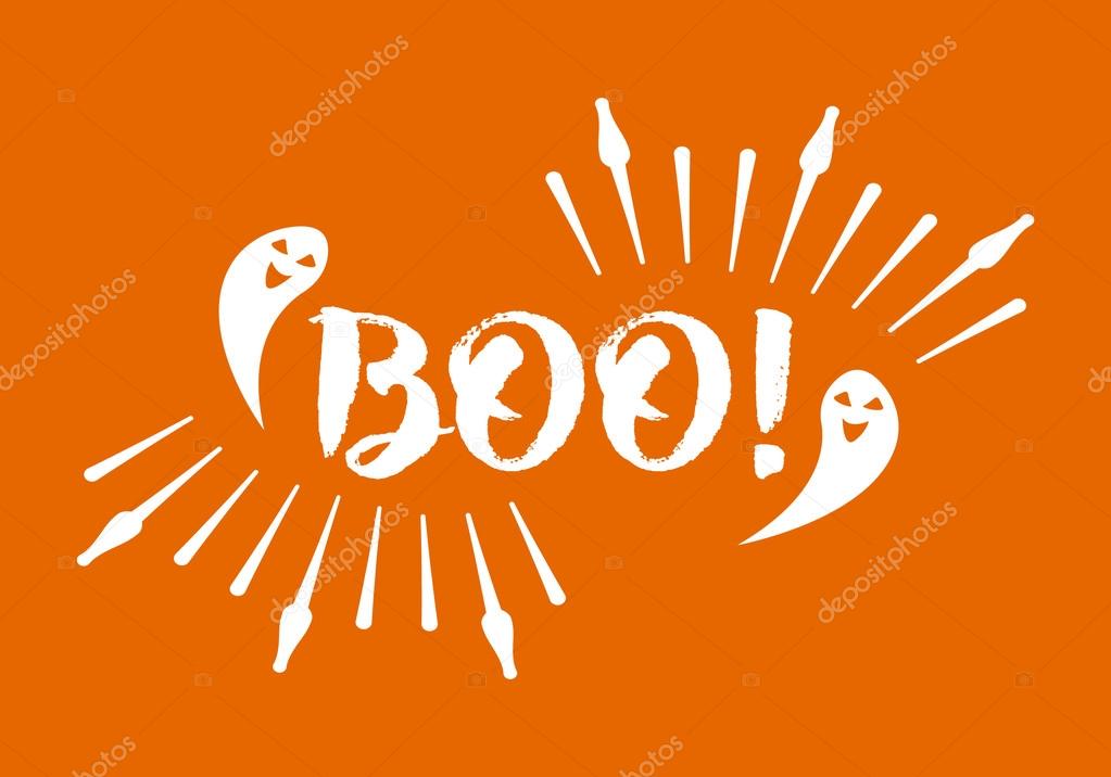 Boo! greeting card Calligraphy with sunrays. Sunburst Happy Halloween banner or poster. Vector illustration.
