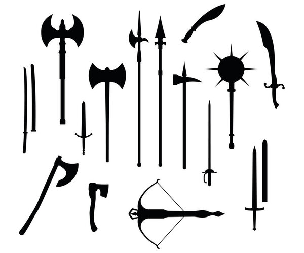 Medieval war type of weapon, set icon crossbow, sword, axe, pike mace and katana old cold weaponry black silhouette vector illustration, isolated on white. Flat equipment of murder world melee weapon.