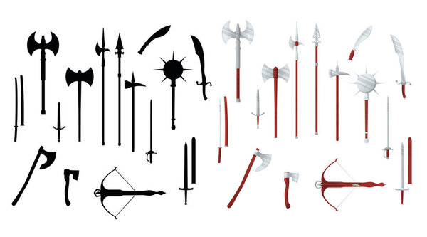 Medieval war type of weapon, set icon crossbow, sword, axe, pike mace and katana old cold weaponry flat, silhouette vector illustration, isolated on white. Equipment of murder world melee weapon.