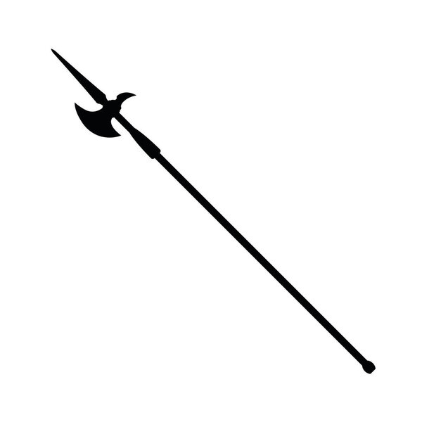 Medieval war type of weapon, concept icon pike halberd axe old cold weaponry black silhouette vector illustration, isolated on white. Flat equipment of murder, world melee weapon.