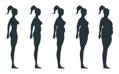 Siyah görüşlü vücut silueti, ekstra kilolu kadın anatomisi insan karakteri, beyaz, düz vektör illüstrasyonuna izole edilmiş insanlar. Manken insan ölçeği konsept, sağlıksız yaşam tarzı.