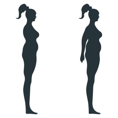 Siyah görüşlü vücut silueti, ekstra kilolu kadın anatomisi insan karakteri, beyaz, düz vektör illüstrasyonuna izole edilmiş insanlar. Manken insan ölçeği konsept, sağlıksız yaşam tarzı.