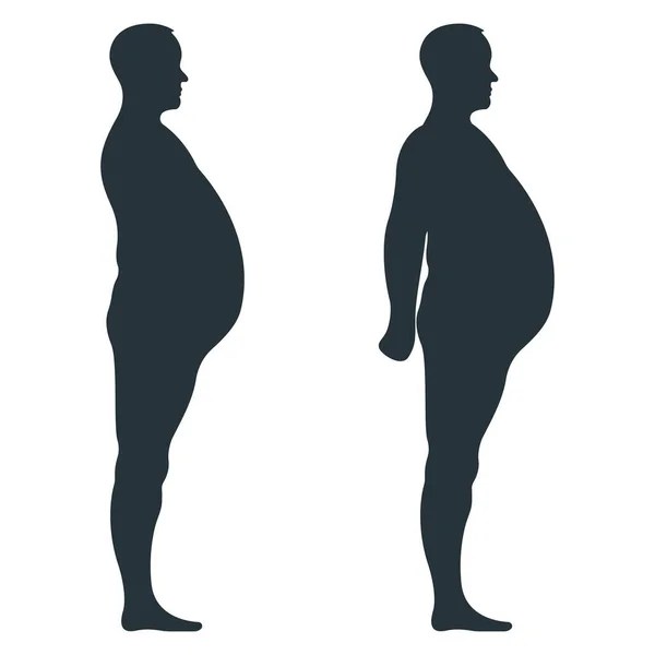 黒のビュー側の体のシルエットは 脂肪の余分な体重男性の解剖学的な人間の文字は 人々のダミー白 平らなベクトル図に孤立した マネキンの人々は概念を拡大し 不健康な生活様式 — ストックベクタ