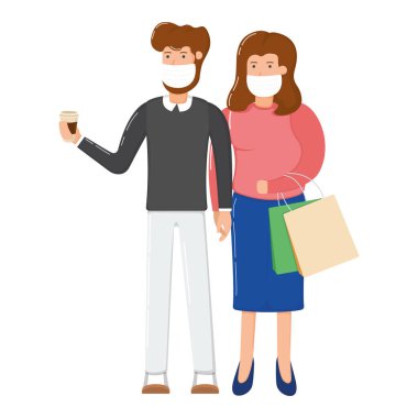 Hoş bir çift karakteri olan kadın alışveriş çantası paketini tutuyor, mutlu noeller hediye olarak karikatür vektör çizimi alıyor, beyaza izole edilmiş. Konsept koronavirüs maskeyi korur, mutlu aile kıyafetleri alır..