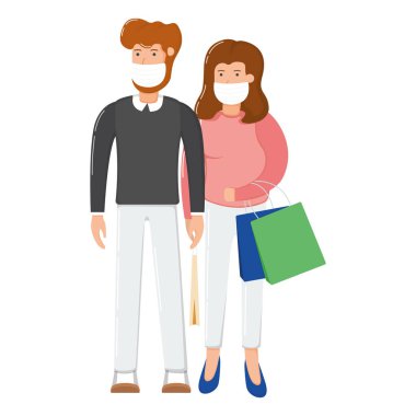 Hoş bir çift karakteri olan kadın alışveriş çantası paketini tutuyor, mutlu noeller hediye olarak karikatür vektör çizimi alıyor, beyaza izole edilmiş. Konsept koronavirüs maskeyi korur, mutlu aile kıyafetleri alır..