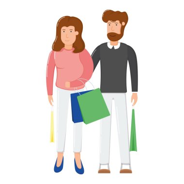 Sevimli bir çift erkek karakter alışveriş çantası paketi, mutlu noeller hediye çizgi film vektör çizimi, beyaz üzerinde izole. Mutlu aile kıyafetleri almayı, şirin insanların eşya almayı kabul et..