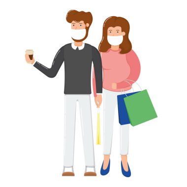 Hoş bir çift erkek maskesinde alışveriş çantası paketi, Coronavirus mutlu noeller hediye karikatür çizimi, beyaza izole edilmiş. Mutlu aile kıyafetleri almayı, satın almayı kabul et..