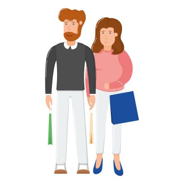 Sevimli bir çift erkek karakter alışveriş çantası paketi, mutlu noeller hediye çizgi film vektör çizimi, beyaz üzerinde izole. Mutlu aile kıyafetleri almayı, şirin insanların eşya almayı kabul et..