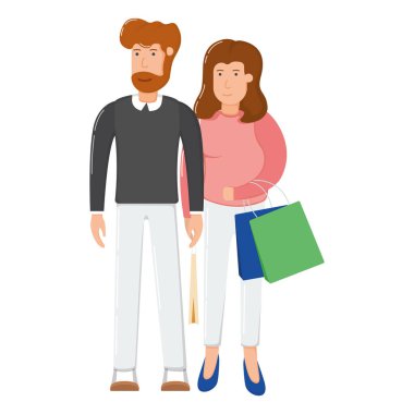 Sevimli bir çift erkek karakter alışveriş çantası paketi, mutlu noeller hediye çizgi film vektör çizimi, beyaz üzerinde izole. Mutlu aile kıyafetleri almayı, şirin insanların eşya almayı kabul et..