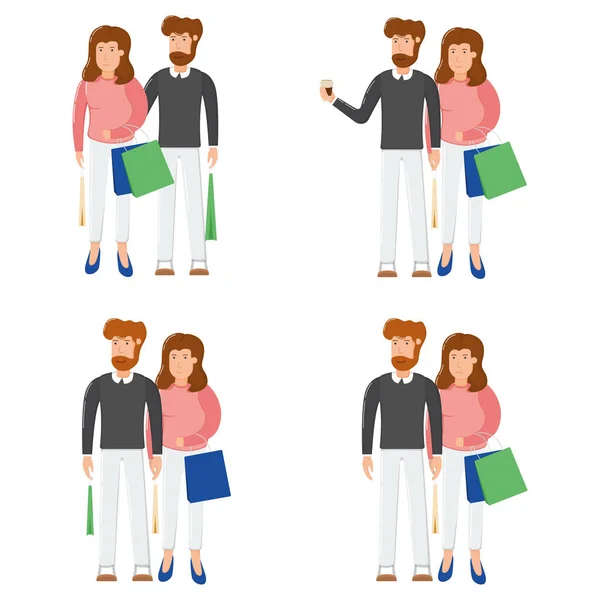 Adorável Casal Homem Mulher Personagem Segurar Pacote Saco Compras Feliz —  Vetores de Stock