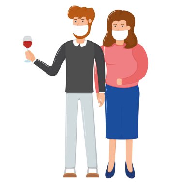 Sevimli çift karakteri kadın şarap kadehi, bayram kış kutlaması karikatür vektör çizimi, beyaz üzerine izole edilmiş. Mutlu insan randevusu, maskeli kadın..