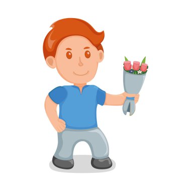 Şirin erkek hediye buketi çiçeği, konsept genç adam mevcut, karikatür vektör çizimi, beyaz, şehvetli bir günde izole edilmiş.