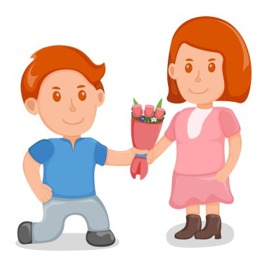 Genç aşık erkek, kadın karaktere buket çiçek verir, güzel insanlar, beyaz üzerinde izole edilmiş, çizgi film vektör çizimleri yapan çifte. Çift kavramlı aşk günü, tatlı randevu zamanı.