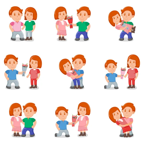Set Lovely Female Male Cute Couple People Together Standing Hugs — Stock Vector