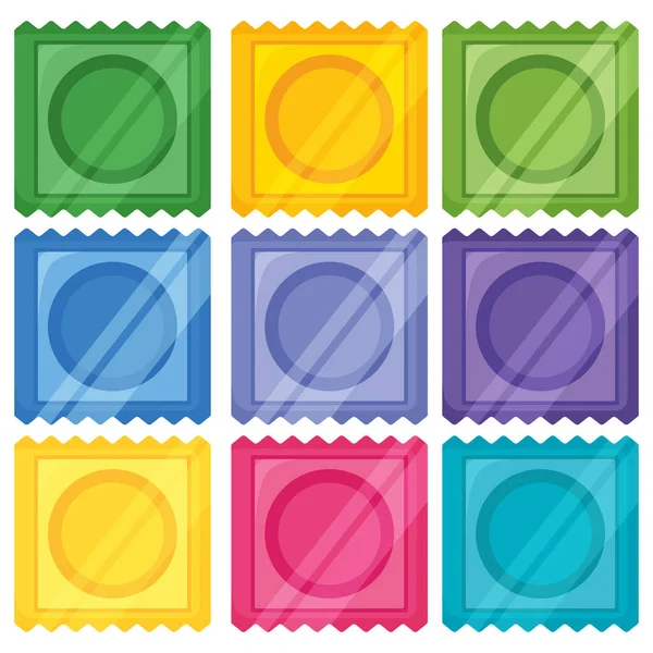 Conjunto Diferentes Tipos Color Etiqueta Del Preservativo Paquete Concepto Icono — Vector de stock