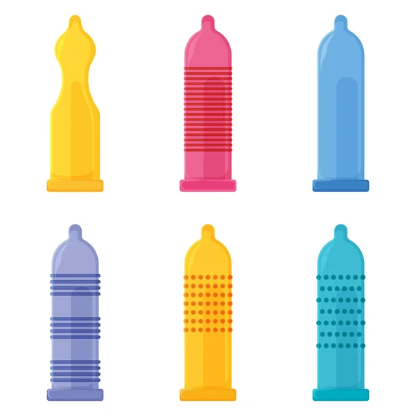 Set Diverso Tipo Colore Pacchetto Etichetta Preservativo Concetto Icona Contraccettiva — Vettoriale Stock