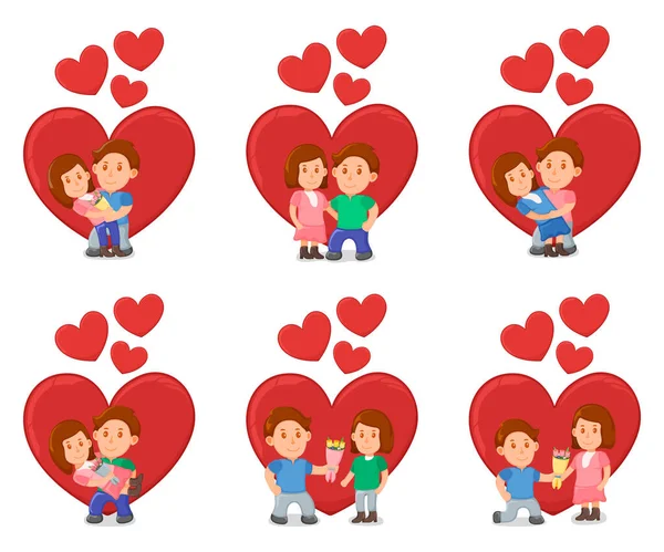 素敵なロマンチックなカップル立って抱擁とプレゼントプレゼント 春のバレンタインデー 白い上に隔離された日付恋人ペア漫画のベクトルイラスト 赤いハートの背景 男性と女性のロマンスの任命 — ストックベクタ