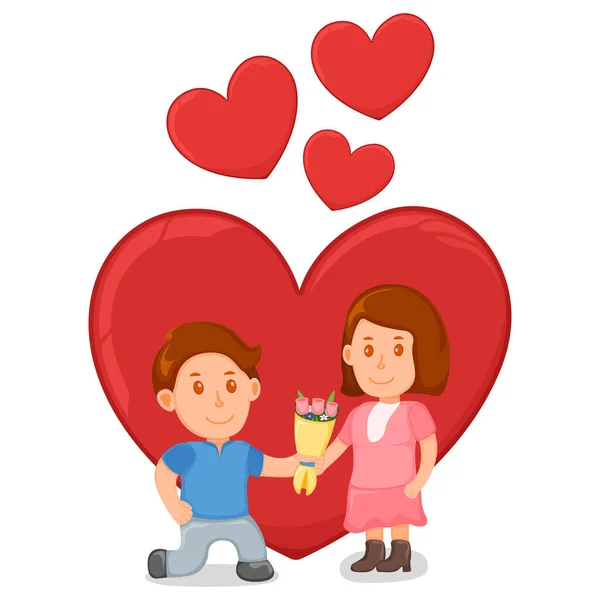 素敵なロマンチックなカップル立って抱擁とプレゼントプレゼント 春のバレンタインデー 白い上に隔離された日付恋人ペア漫画のベクトルイラスト 赤いハートの背景 男性と女性のロマンスの任命 — ストックベクタ