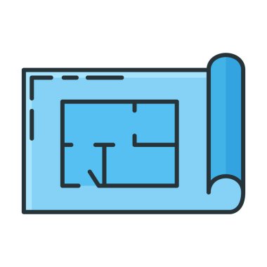 Bina binası ikonu, konsept mühendisliği çizim planı düz çizgi vektör çizimi, beyaz üzerine izole. Teknik düzenleme aracı.