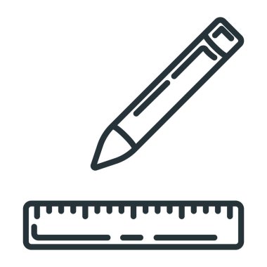 Kavramsal kalem, tahta cetvel simgesi, beyaz üzerine izole edilmiş düz çizgi vektör illüstrasyon sanatı çizimi için kalem ve ölçü aletleri. Eğitimsel materyal planı.