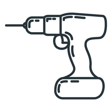 Elle yapılan profesyonel inşaat ikonu aleti, konsept onarım düz vektör çizgisi çizimi, beyaza izole edilmiş. Çalışan alet nesnesi, elektrikli bur.
