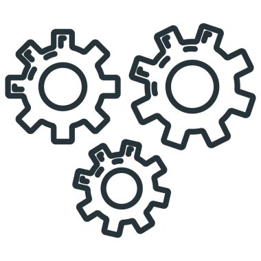 Dişli pinyon mekanizması simgesi, konsept mühendisliği nesne hattı düz vektör çizim sanatı, beyaz üzerine izole.