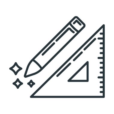 Kavramsal kalem, tahta cetvel üçgeni ikonu, beyaz üzerine izole edilmiş düz çizgi vektör illüstrasyon sanatı çizimi için kalem ve ölçü aletleri. Eğitimsel materyal planı.