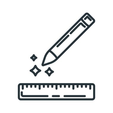 Kavramsal kalem, tahta cetvel simgesi, beyaz üzerine izole edilmiş düz çizgi vektör illüstrasyon sanatı çizimi için kalem ve ölçü aletleri. Eğitimsel materyal planı.