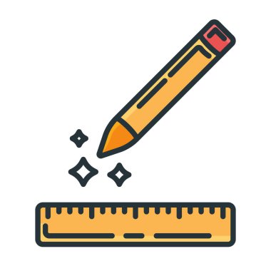 Kavramsal kalem, tahta cetvel simgesi, beyaz üzerine izole edilmiş düz çizgi vektör illüstrasyon sanatı çizimi için kalem ve ölçü aletleri. Eğitimsel materyal planı.