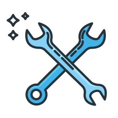 Kavram anahtarı yapı aracı simgesi, anahtar takımı profesyonel araç gereç düz çizgi vektör çizimi, beyaz üzerinde izole. Tadilat işleri, tesisat aletleri..