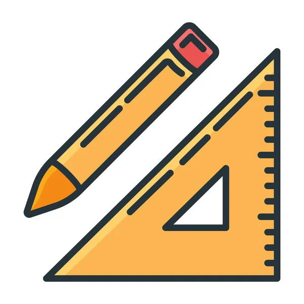 コンセプト鉛筆 木製定規三角形のアイコン ペンを書くと白に隔離されたフラットラインベクトルイラストアートを描くための道具のものを測定します 教材設計図 — ストックベクタ